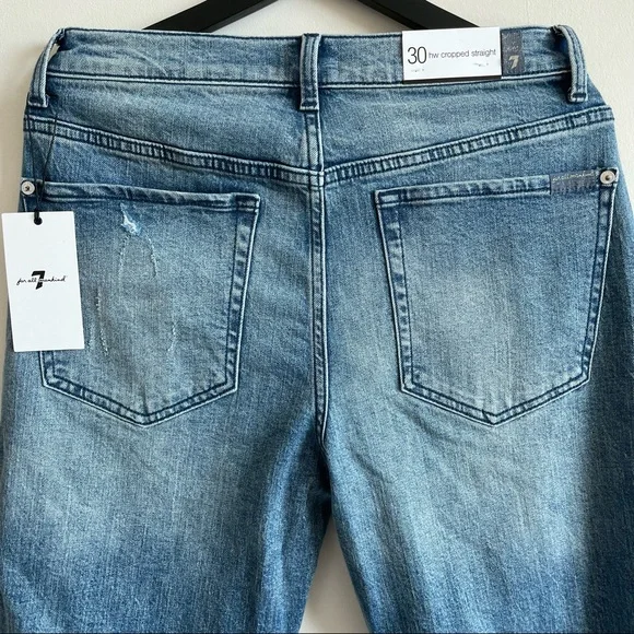 7 FOR ALL MANKIND High-Waist Cropped Straight Jeans w/ Chewed Hem